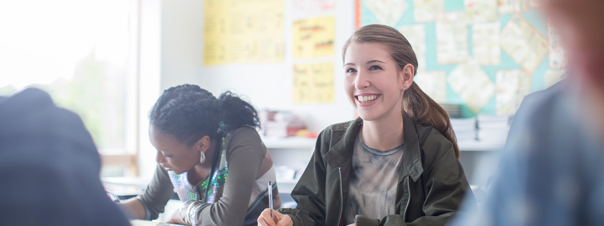 Teenage students learning history in classroom